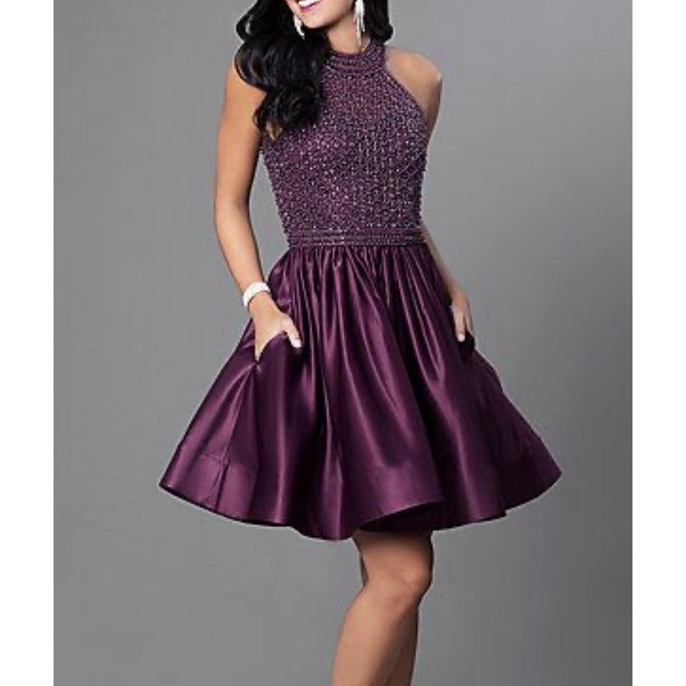 COLORS Dress Wine Red Beaded Halter Mini Satin Fit and Flare Pockets Size 6